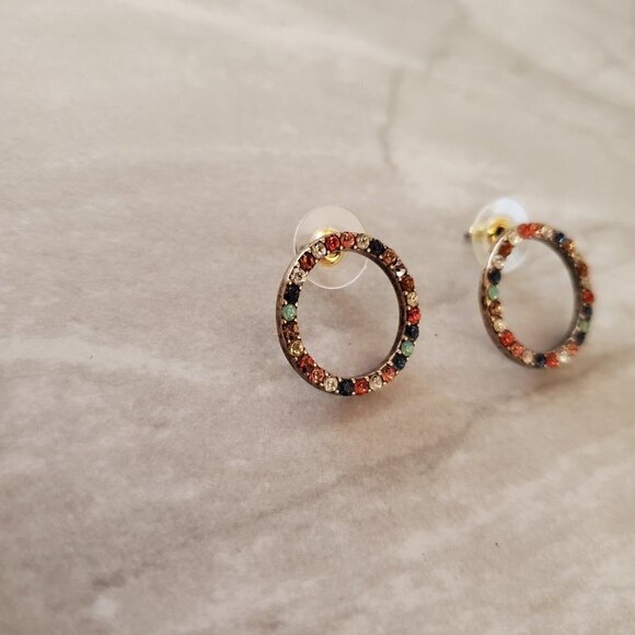 🌈 J.Crew Rainbow Pave Rhinestones Crystals Hoop Post Stud Earrings 🌈 - Picture 2 of 6